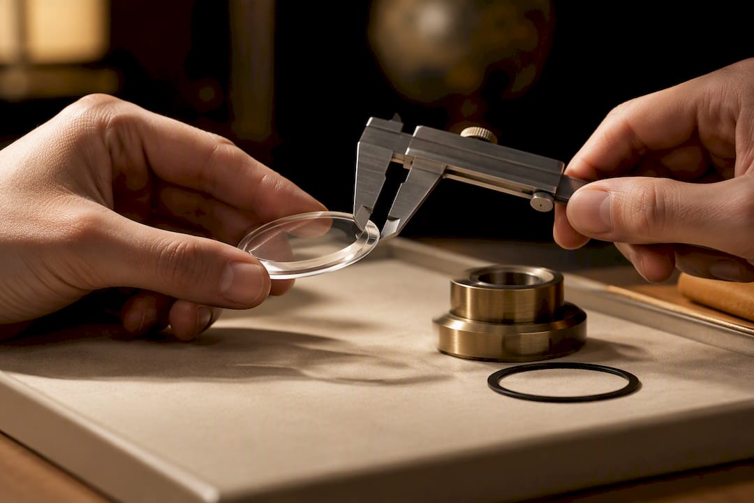 Hands measuring a loose watch crystal with steel calipers above a tray holding a black gasket