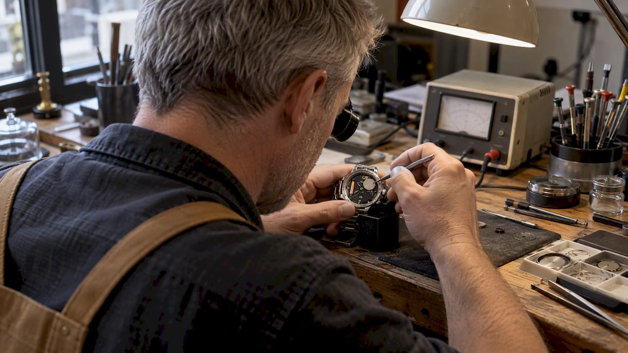 A watchmaker wearing an eye loupe works with a fine tool on a steel watch held face up on a block, with an analogue test meter and a desk lamp behind