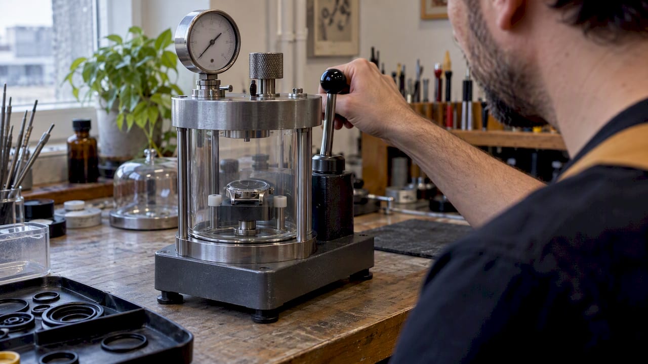 A hand on the lever of a bench pressure tester, with a watch held inside its clear test chamber below a pressure gauge
