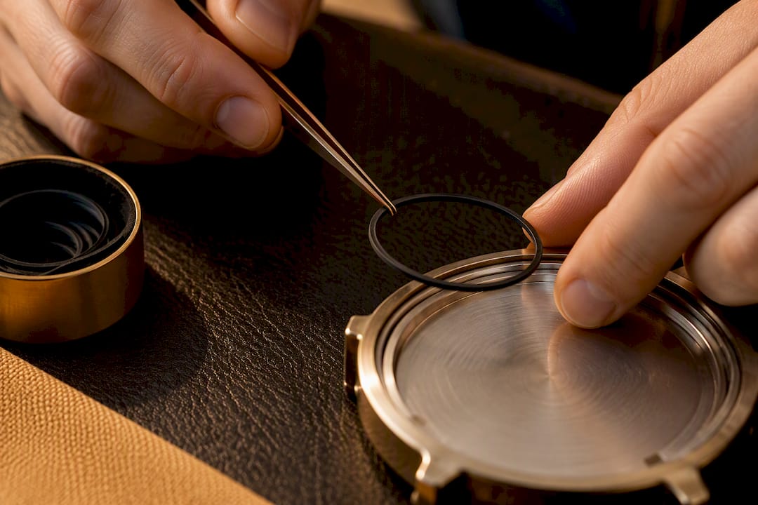Tweezers holding a black O-ring gasket above an open watch case on a dark leather surface